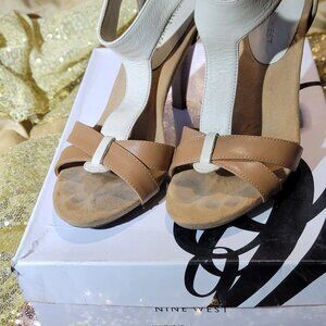Women's Nine West tan and cream strappy heels. 3 inch heel, size 6.5
